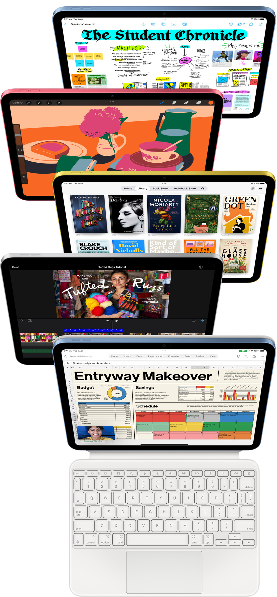 Front facing iPad screens show a variety of apps including Freeform, ProCreate, Apple Books, iMovie and Excel with Webex Meetings.