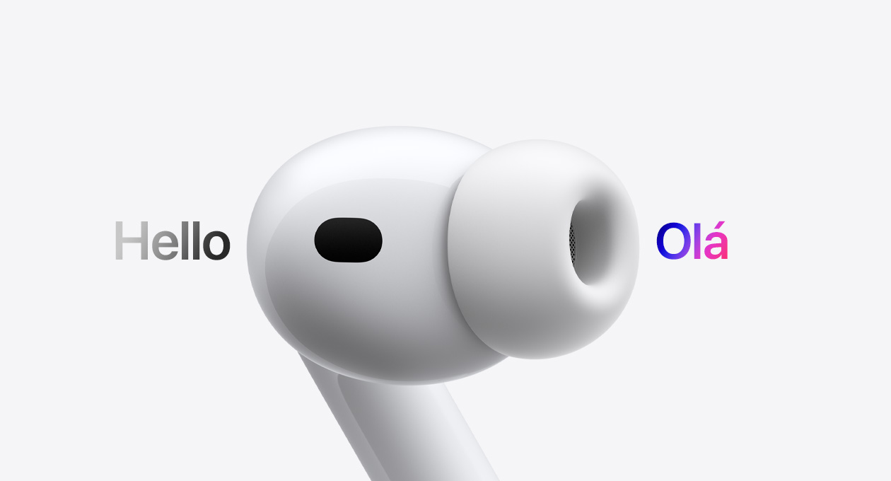 AirPods Pro 3, fone de ouvido com ponta de silicone, a Tradução ao Vivo altera do espanhol para o inglês os caracteres que dizem 'Olá'