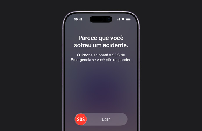 Parte da frente do iPhone 17, mostrando os cantos arredondados e o recurso Detecção de Acidente em uso