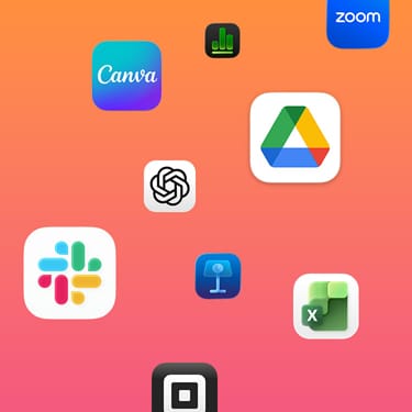 Icons of productivity apps, including Slack, Canva, Google Workspace, Zoom, ChatGPT, Keynote, Excel, Square and Numbers against a colourful background.