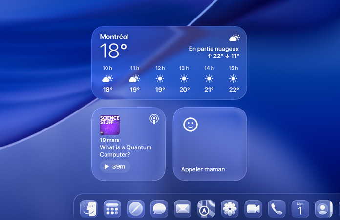 Écran verrouillé avec widgets en Liquid Glass