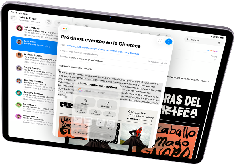 iPad Air en horizontal que muestra Apple Intelligence con Herramientas de Escritura y Mail