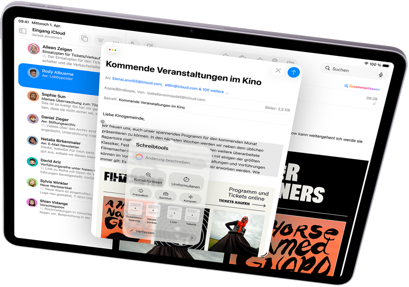 Das iPad Air im Querformat zeigt Apple Intelligence mit Schreibtools und Mail