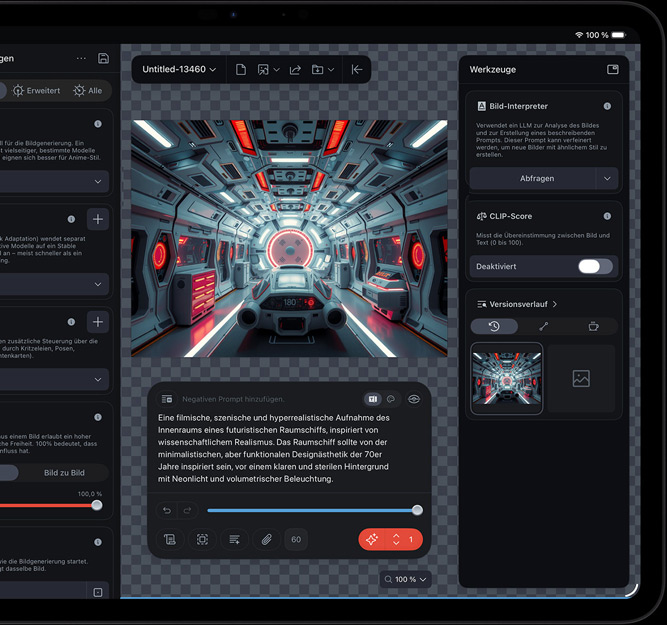 iPad Pro, Vorderansicht, das Display zeigt einen Clip eines futuristischen Raumschiffs, der mit verschiedenen Bearbeitungswerkzeugen und geöffneten KI Funktionen bearbeitet wird, darunter Image Interpreter und CLIP Score