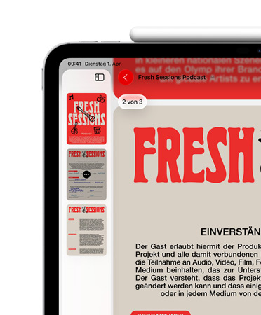 Ein iPad im Querformat, der Apple Pencil haftet magnetisch an der Oberseite des iPad, oben links auf dem Display ist ein PDF in der App zu sehen