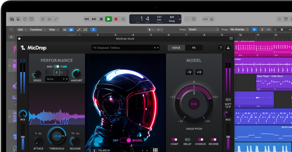 MacBook Pro ekraanil kujutatakse MicDrop tarkvara, mis kasutab AI funktsioone vokaalipartii töötluseks