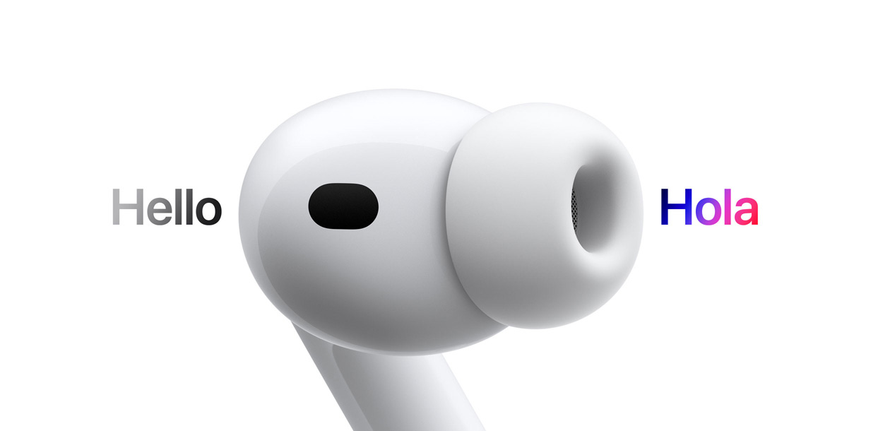 AirPods Pro 3, auricular con almohadilla de silicona, Traducción en Tiempo Real cambia texto en inglés que dice «hello» a texto en español que dice «hola»