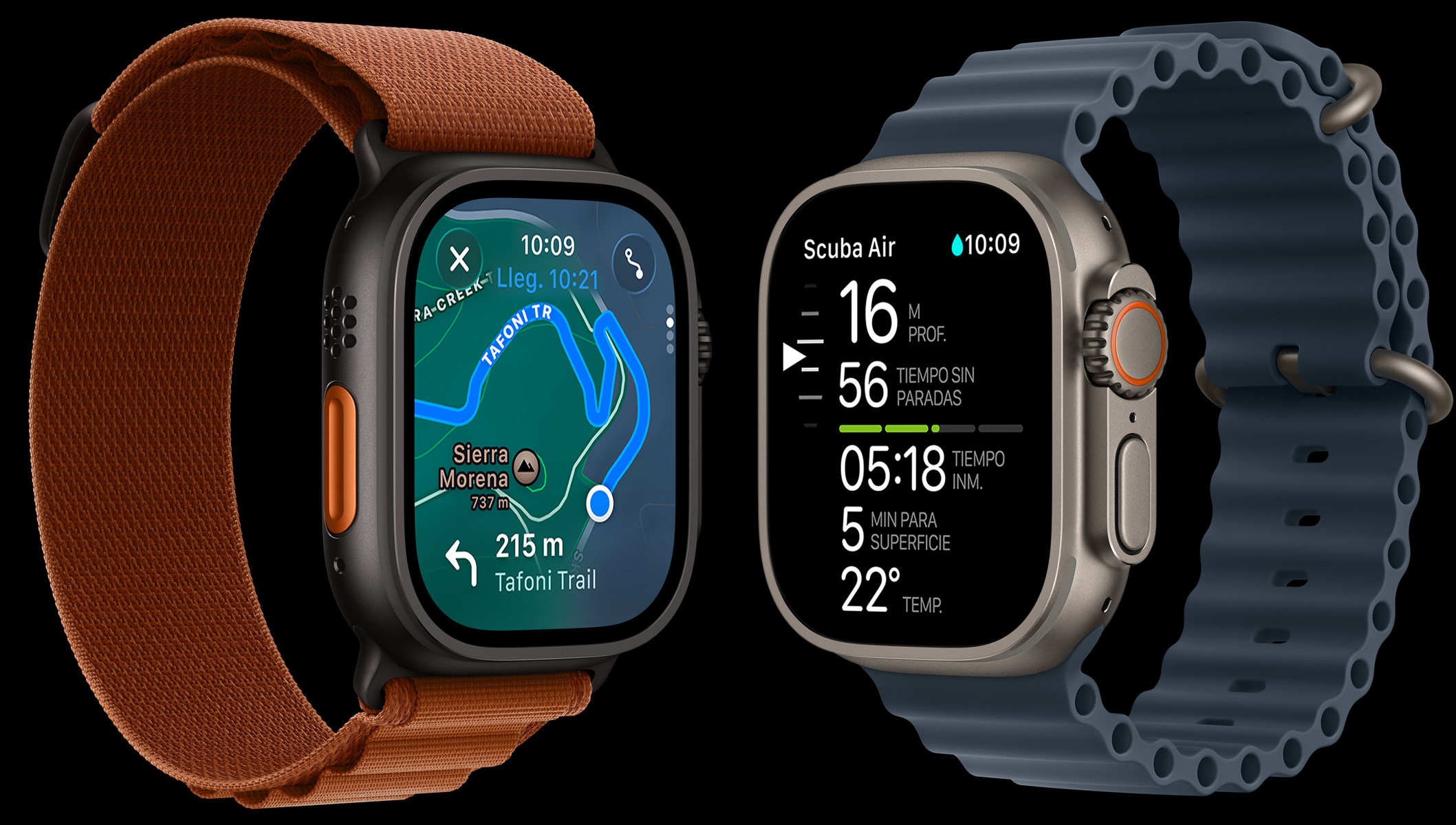 Dispositivos Apple Watch Ultra 3, caja de titanio, color negro y natural, mapa de ruta de senderismo, métricas de buceo, correa Loop Alpine, color terracota, correa Ocean, color azul náutico