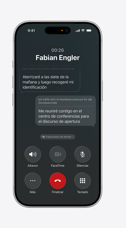 Pantalla de un iPhone con Traducción en Tiempo Real y un mensaje traducido de alemán a inglés
