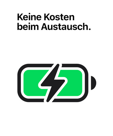 Schriftzug «Keine Kosten beim Austausch» über einem Symbol für eine geladene Batterie