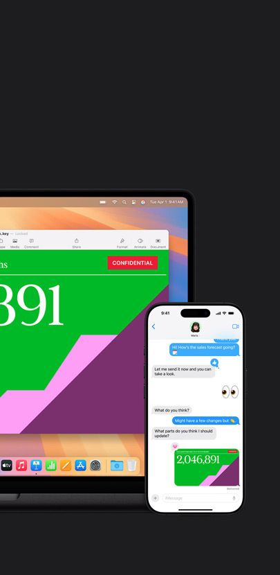 Un Mac affichant une présentation. Devant le Mac se trouve un iPhone affichant un échange de SMS et une présentation partagée.
