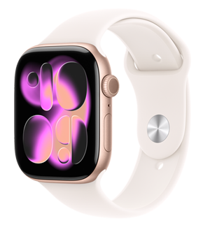Apple Watch Series 11, rose gold colour, aluminium case, Responsive Art watch face, right side exterior, Digital Crown, microphone, side button, Sport Band, light blush colour, silver pin-and-tuck closure
