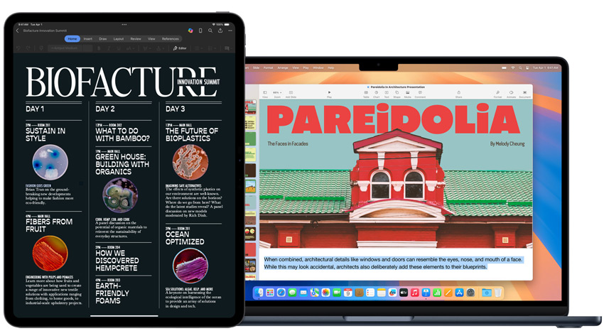 Um iPad e um MacBook a apresentar trabalhos escolares.
