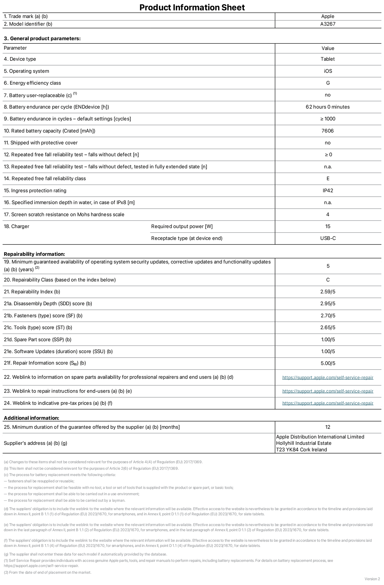 Product information sheet for 11-inch iPad Air Wi-Fi + Cellular. Model A3267. Supplied by Apple UK Ltd, 100 New Bridge Street, London, EC4V 6JA. Device type: tablet. Operating system: iOS. Energy efficiency class for Standard Dynamic Range: G. Battery endurance 62 hours. Battery endurance in cycles: greater than or equal to 1,000. Rated battery capacity: 7,606 milliampere-hours. Repeated free fall reliability test - falls without defect: greater than or equal to 0. Repeated free fall reliability class: E. Ingress protection: IP42. Screen scratch resistance on Mohs hardness scale: 4. Charger required output power 15 watts. Charger receptacle type: USB-C. Minimum guaranteed availability of operating system security updates, corrective updates and functionality updates: 5 years. Repairability Class: C. Repairability Index: 2.59/5. Disassembly Depth score: 2.95/5. Fasteners (type) score: 2.70/5. Tools score: 2.65/5. Spare Part score: 1.00/5. Software Updates score: 1.00/5. Repair information score: 5.00/5. Weblink to information on spare parts availability for professional repairers and end-users: https://support.apple.com/self-service-repair. Weblink to repair instructions for end-users: https://support.apple.com/self-service-repair. Weblink to indicative pre-tax prices: https://support.apple.com/self-service-repair. 12-month general guarantee offered.