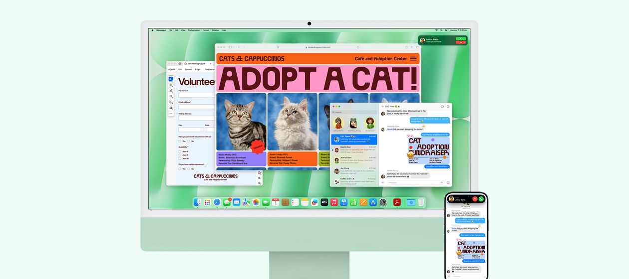 iPhone Mirroring feature demonstration. iPhone screen displaying Uber Eats app mirrored and controlled on iMac.