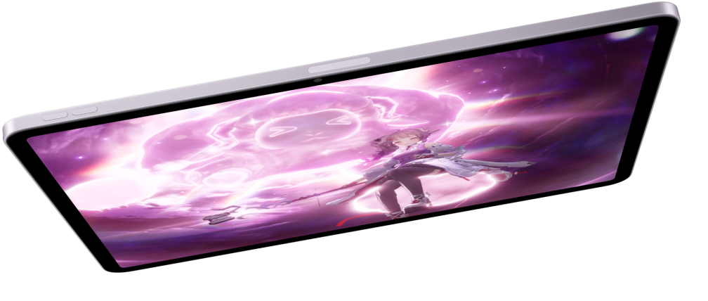 iPad Air i vandret position, som viser et videospil. Under den er der to andre iPad Air-modeller