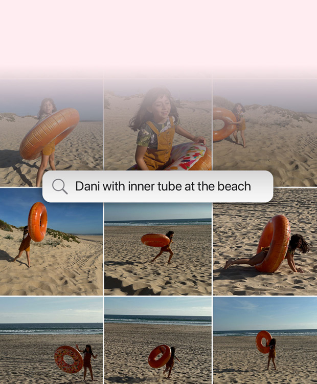 Feature demonstration: Natural language search for photos. Search query in the Photos app with results from the phrase: “Katie with stickers on her face”