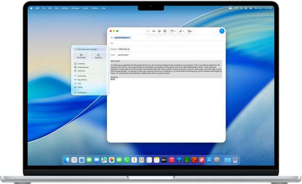 MacBook Air-scherm met Apple Intelligence-feature Schrijfhulp waarmee een e‑mail wordt geschreven