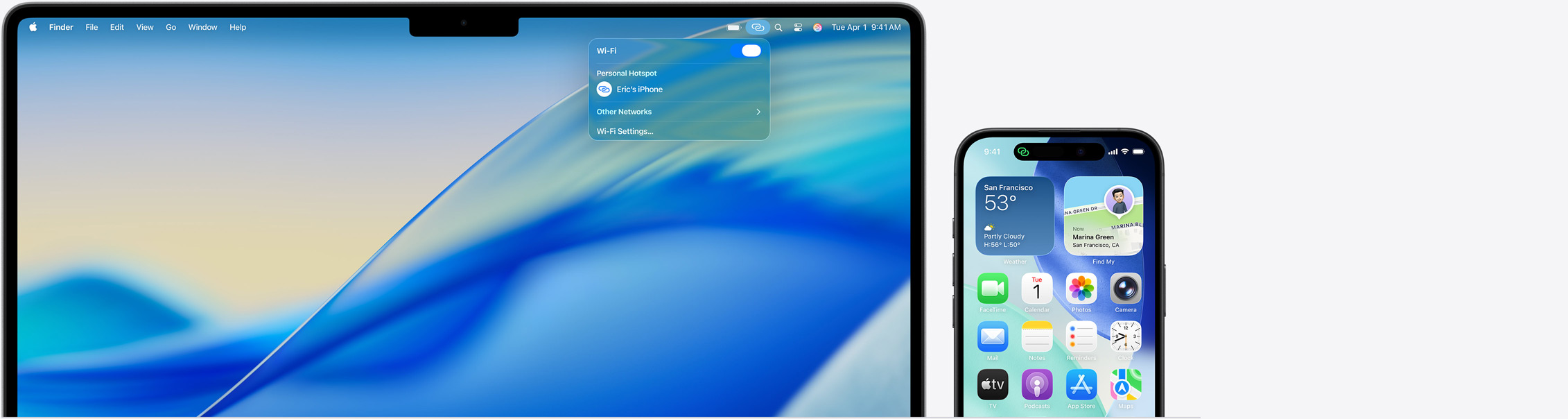 Un MacBook Pro 14 pouces, le Centre de contrôle ouvert dans la barre de menus, un Partage de connexion affichant le texte : iPhone d’Eric, iPhone 16 avec un voyant vert Partage de connexion en haut à gauche de l’écran