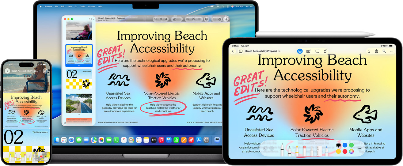 Plusieurs appareils Apple, la même image est visible sur chaque appareil, un Apple Pencil a été utilisé pour annoter l’image sur l’iPad, les annotations apparaissent aussi sur les autres appareils