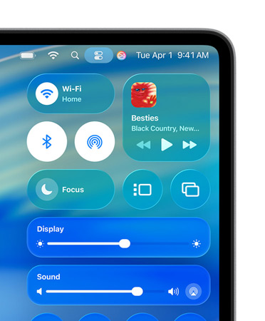 Rechte Seite des Mac Bildschirms mit benutzerdefinierten Steuerelementen für Liquid Glass, wie WLAN und Bluetooth, im Kontrollzentrum