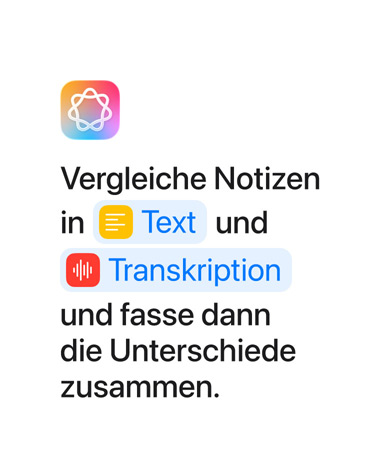 Vergleiche Notizen in Text und Transkription und fasse sie dann zusammen, wobei die Wörter «Text» und «Transkription» blau hervorgehoben sind, wie sie in der Kurzbefehle App erscheinen würden.
