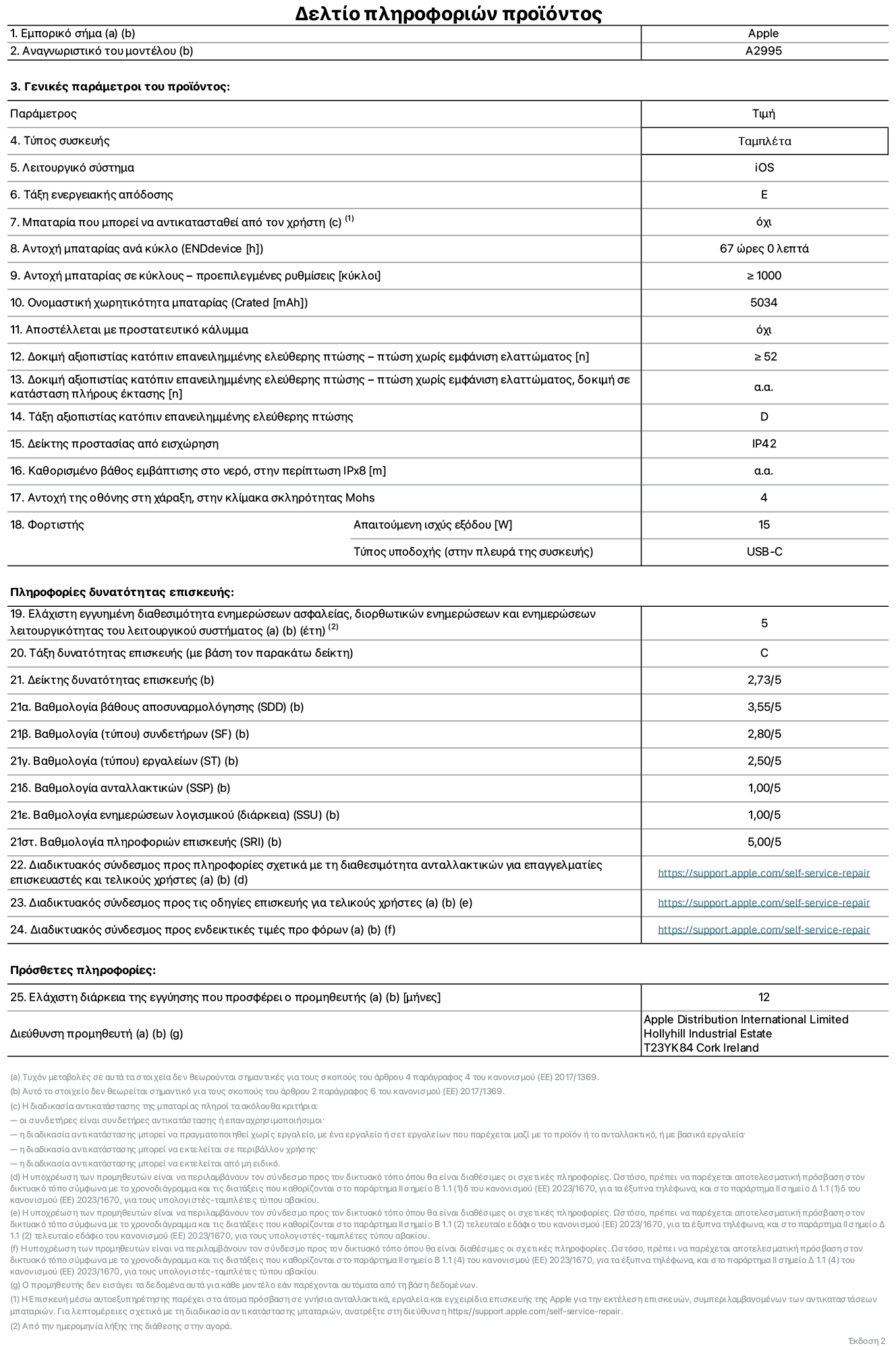 Φύλλο πληροφοριών προϊόντος για το iPad mini Wi-Fi + Cellular, μοντέλο A2995. Παρέχεται από την Apple Distribution International Limited, Hollyhill Industrial Estate. Cork, Ιρλανδία, T23 YK84. Τύπος συσκευής: τάμπλετ. Λειτουργικό σύστημα: iOS. Τάξη ενεργειακής απόδοσης: E. Δυνατότητα αντικατάστασης μπαταρίας από τον χρήστη: όχι. Αντοχή μπαταρίας: 67 ώρες. Αντοχή μπαταρίας σε κύκλους: Μεγαλύτερη ή ίση του 1000. Ονομαστική χωρητικότητα μπαταρίας: 5034 mAh. Δοκιμή αξιοπιστίας κατόπιν επανειλημμένης ελεύθερης πτώσης, πτώσεις χωρίς βλάβη: περισσότερες ή ίσες με 52. Τάξη αξιοπιστίας κατόπιν επανειλημμένης ελεύθερης πτώσης: D. Αξιολόγηση προστασίας από εισχώρηση: IP42. Ανθεκτικότητα οθόνης στις γρατζουνιές στην κλίμακα σκληρότητας Mohs: 4. Απαιτούμενη ισχύς εξόδου φορτιστή: 15 W. Τύπος υποδοχής ηλεκτρικού ρεύματος φορτιστή: USB-C. Ελάχιστη εγγυημένη διαθεσιμότητα ενημερώσεων ασφαλείας, διορθωτικών ενημερώσεων και ενημερώσεων λειτουργικότητας λειτουργικού συστήματος: 5 έτη. Τάξη επιδιορθωσιμότητας: C. Δείκτης επιδιορθωσιμότητας: 2,73/5. Βαθμολογία βάθους αποσυναρμολόγησης: 3,55/5. Βαθμολογία συνδετήρων: 2,80/5. Βαθμολογία εργαλείων: 2,50/5. Βαθμολογία ανταλλακτικών: 1,00/5. Βαθμολογία ενημερώσεων λογισμικού: 1,00/5. Βαθμολογία πληροφοριών επιδιόρθωσης: 5,00/5. Διαδικτυακός σύνδεσμος με πληροφορίες για τη διαθεσιμότητα ανταλλακτικών για επαγγελματίες τεχνικούς και τελικούς χρήστες: https://support.apple.com/self-service-repair. Διαδικτυακός σύνδεσμος με πληροφορίες επιδιόρθωσης για τελικούς χρήστες: https://support.apple.com/self-service-repair. Διαδικτυακός σύνδεσμος με ενδεικτικές τιμές προ φόρου: https://support.apple.com/self-service-repair. Προσφέρεται 12μηνη γενική εγγύηση.