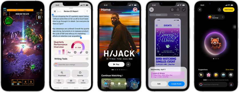 Συσκευές iPhone 17e δίπλα-δίπλα δείχνοντας διαφορετικές οθόνες: ένα παιχνίδι να παίζεται, Εργαλεία Γραφής, το app Apple TV, μία εκδήλωση να δημιουργείται στο ημερολόγιο, ένα Genmoji να δημιουργείται