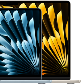 Δύο MacBook Air laptop δείχνουν τα αντίστοιχα μεγέθη των οθονών: 13,6 ίντσες και 15,3 ίντσες, μετρημένες διαγωνίως