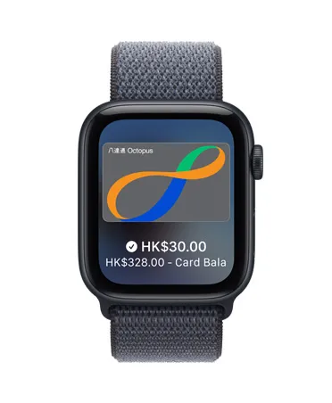 Apple Watch SE 3, aluminum case, midnight color, Apple Pay in Apple Wallet, right side exterior, Digital Crown, band, Sport Loop, anchor blue color