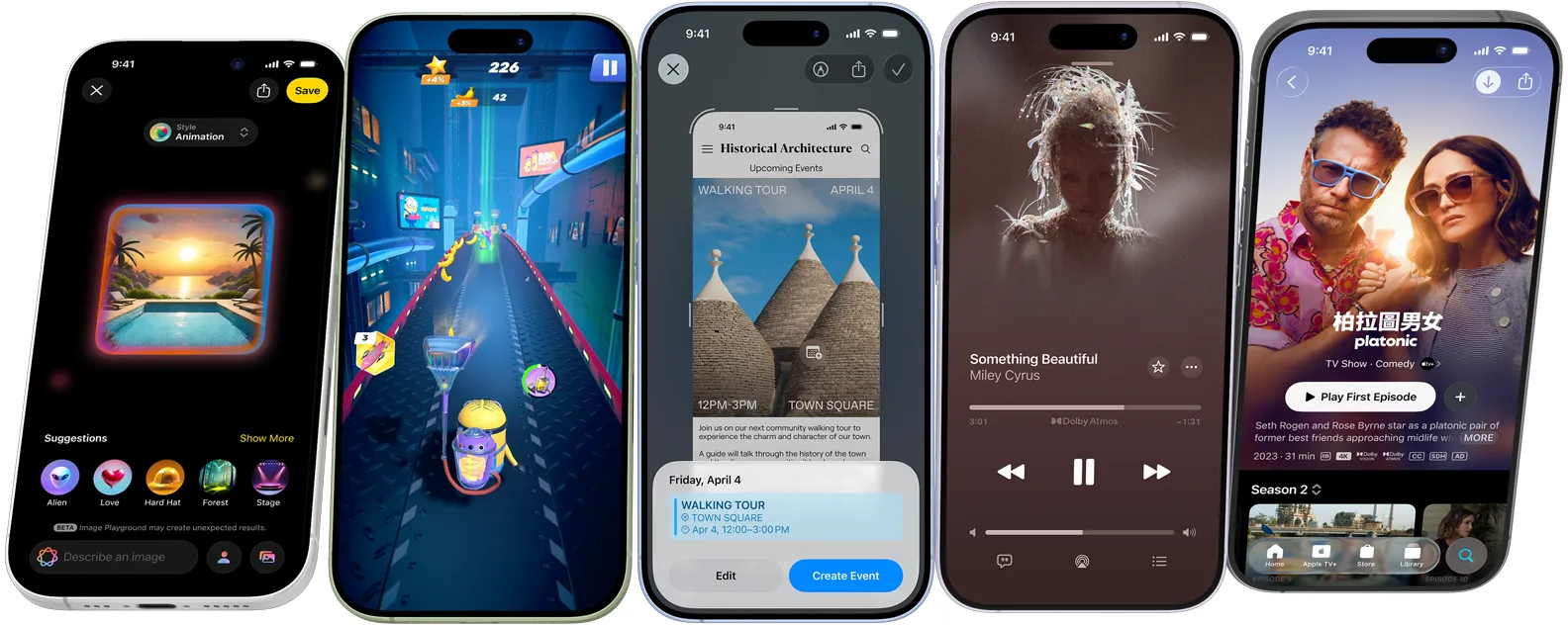 iPhone 17 devices spinning end over end, stopping on screens showing iPhone features