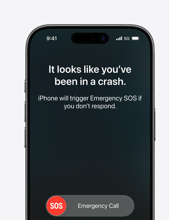 The Crash Detection screen saying 'It looks like you've been in a crash. iPhone will trigger Emergency SOS if you don't respond'