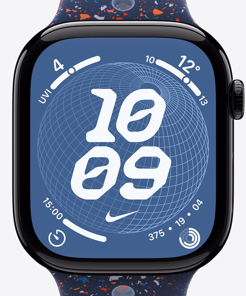 Nike Globe watch face, time, Nike Swoosh, complications: UV index, weather, timer, Activity rings