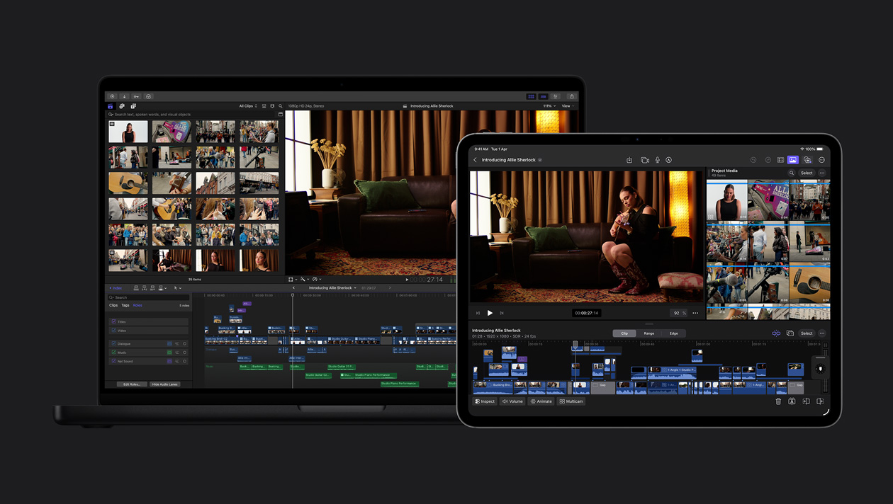 iPad Pro 13 and MacBook Pro 14 screens showing clips of woman playing guitar on couch, clips from video at the bottom of iPad Pro screen, timeline at the bottom of MacBook Pro screen