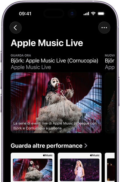 Schermata di Apple Music Live su un iPhone con la sezione Guarda ora e le performance precedenti