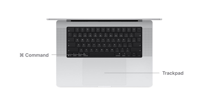 Vista dall’alto di MacBook Pro 14 pollici con linee che indicano la posizione del tasto Command e del trackpad.