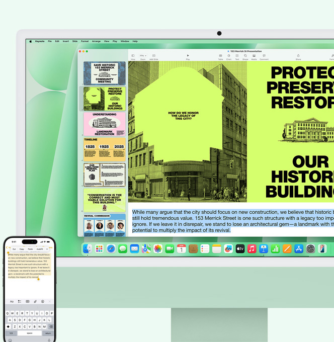 그린 iMac과 iPhone이 나란히 놓여 있고 iPhone 메모 앱의 텍스트가 복사되어 iMac으로 붙여 넣어지는 모습