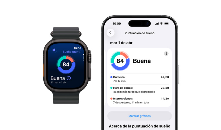 Apple Watch Ultra 3, caja de titanio, color negro, gráfico circular y puntaje de Puntuación de Sueño, parte lateral izquierda, Botón de Acción, parte lateral derecha, Digital Crown, botón lateral, correa Ocean, color negro, análisis completo del sueño abierto en un iPhone enlazado
