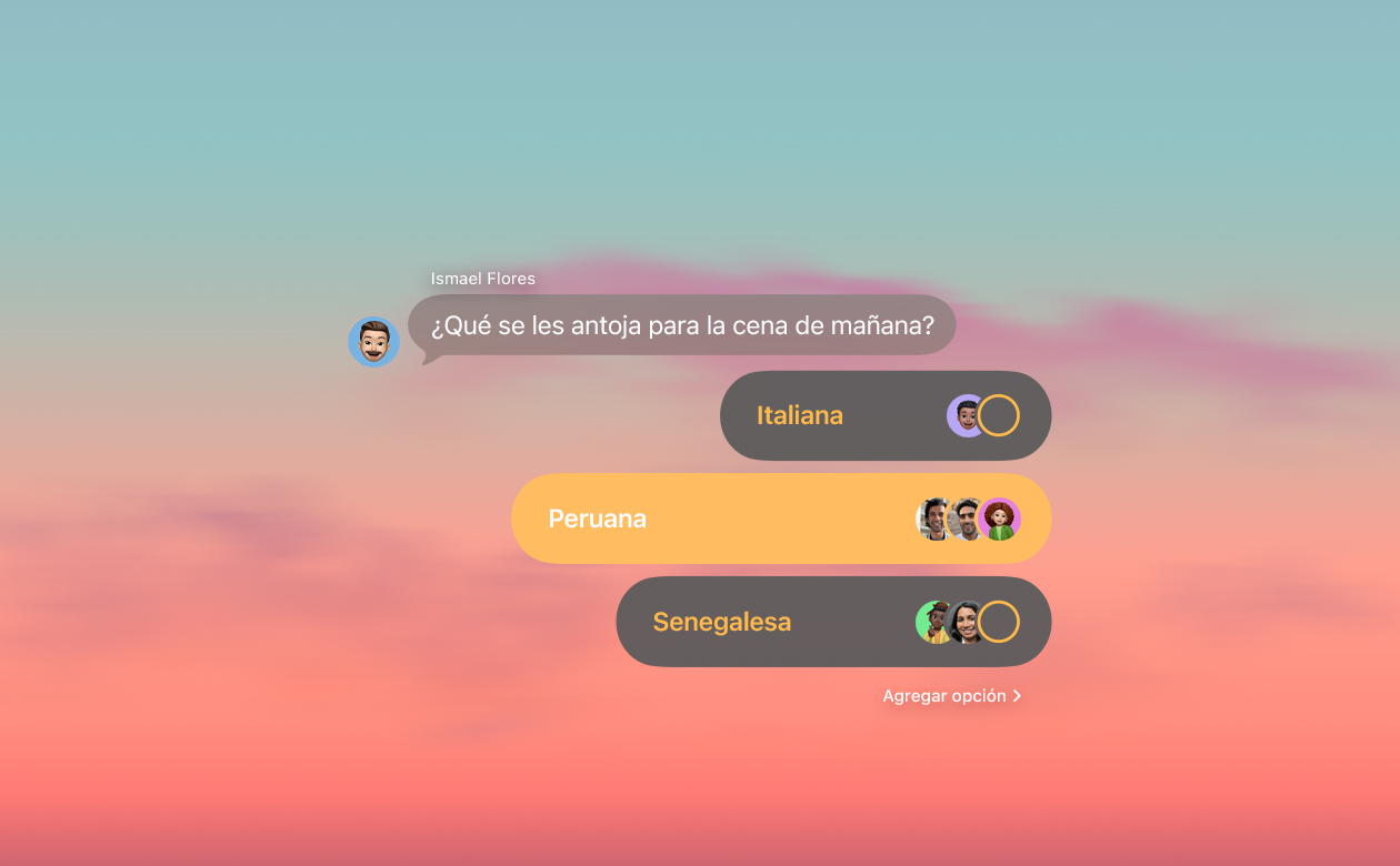 Funcionalidades de Encuestas y fondos en Mensajes, donde las personas de un grupo votan por lo que quieren cenar