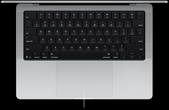 Skats no augšas uz atvērtu 14 collu MacBook Pro ar Force Touch skārienpaliktni zem tastatūras