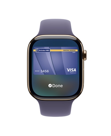 Apple Watch Series 11, gold color, titanium case, Apple Pay, right side exterior, Digital Crown, purple fog Sport Band