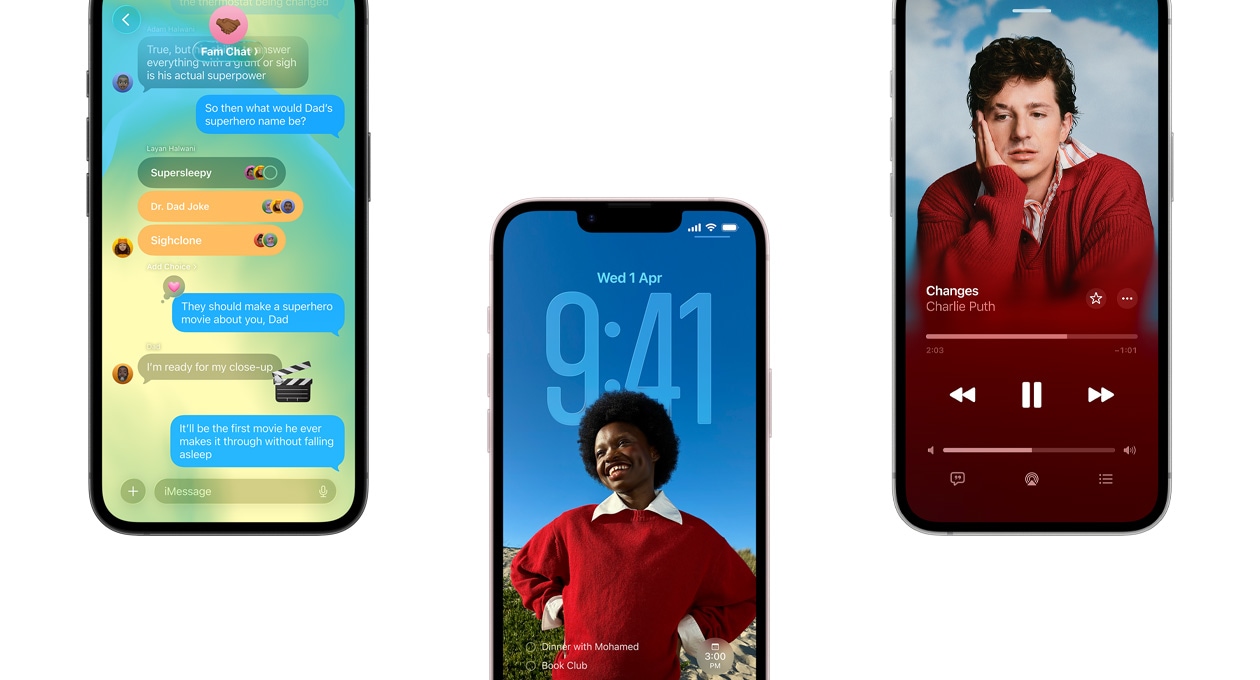 Three iPhone 17e devices, front exterior, showing Messages app with Liquid Glass design, dynamic Lock Screen, and screenshot feature with Calendar event in use