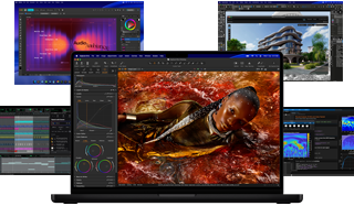 A variety of colorful screen content from music production, video editing, 3D animation, and photo editing apps on Mac, demonstrating powerful graphics performance
