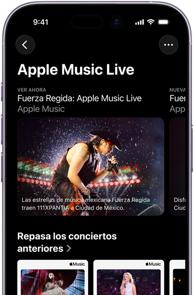 Pantalla de Apple Music Live en un iPhone que muestra Ver Ahora y conciertos anteriores