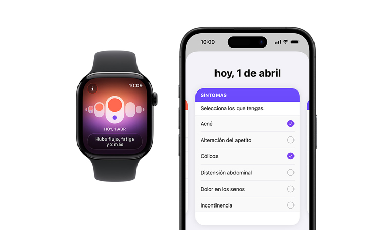 Apple Watch Series 11, caja de aluminio, color negro azabache pulido, correa deportiva, color negro, app Control del Ciclo, selector de síntomas diarios abierto en un iPhone enlazado