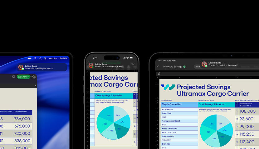 A spreadsheet and text message displayed on a suite of devices, including iPhone, iPad, Apple Watch and Mac which shows macOS Tahoe.