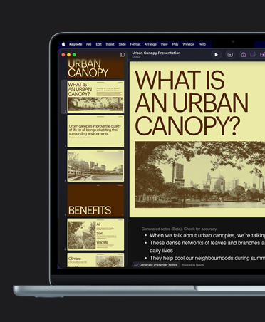 MacBook Air 13 screen, Keynote, yellow slide titled Urban Canopy with images of buildings, AI generated presenter notes below the slide