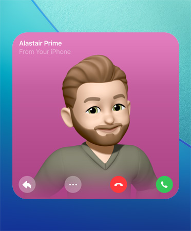 FaceTime Contact Poster, Genmoji in centre, person’s name top left, icons for reply, more options, hang up and pick up on the bottom