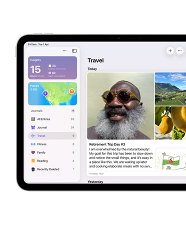 iPad, landscape orientation, left side of screen shows Journal app