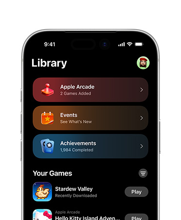 iPhone, top half only, screen shows Games app layout, including Library tab, Apple Arcade, Events, Achievements, and All Games section